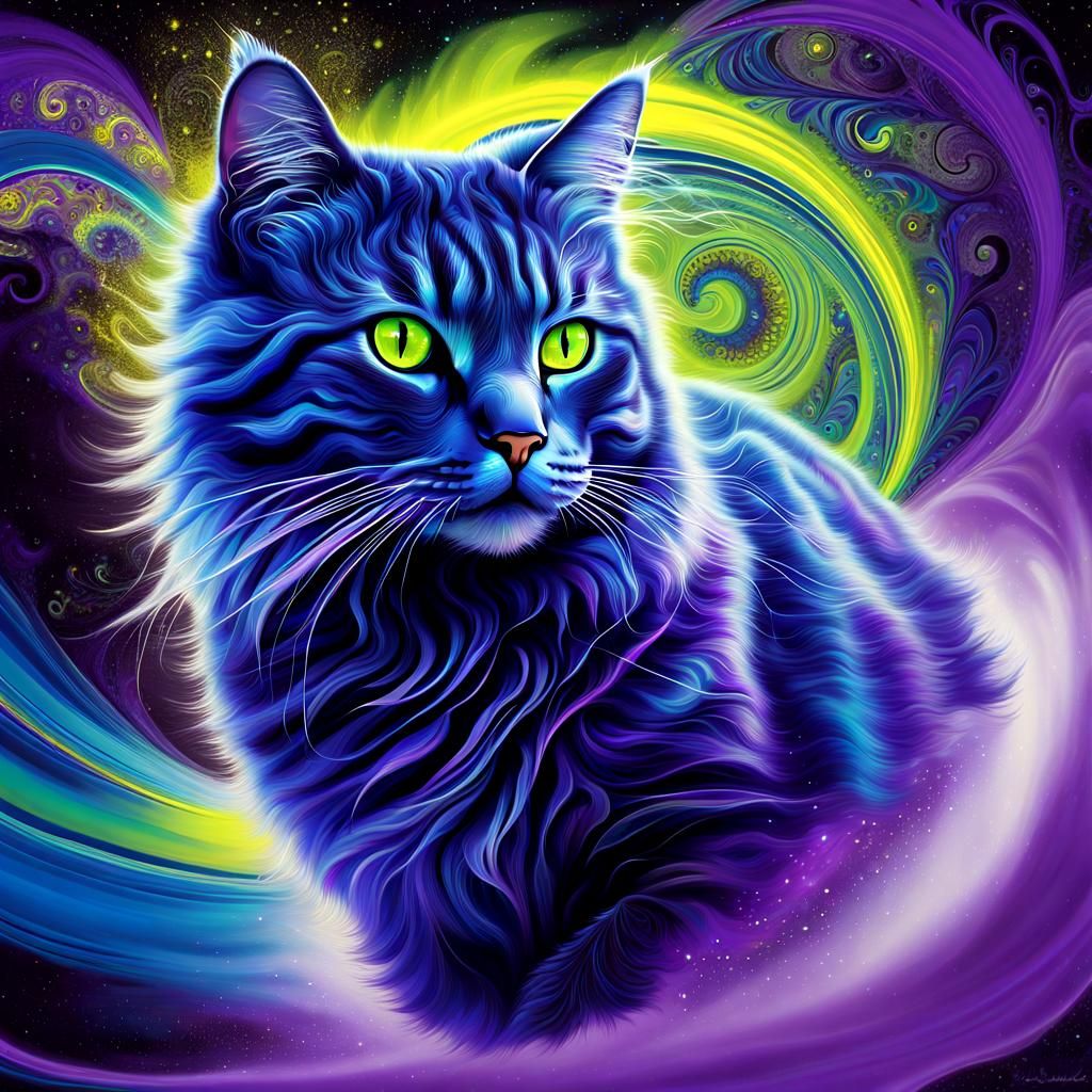 Surreal Electric Blue Cat in Psychedelic Art