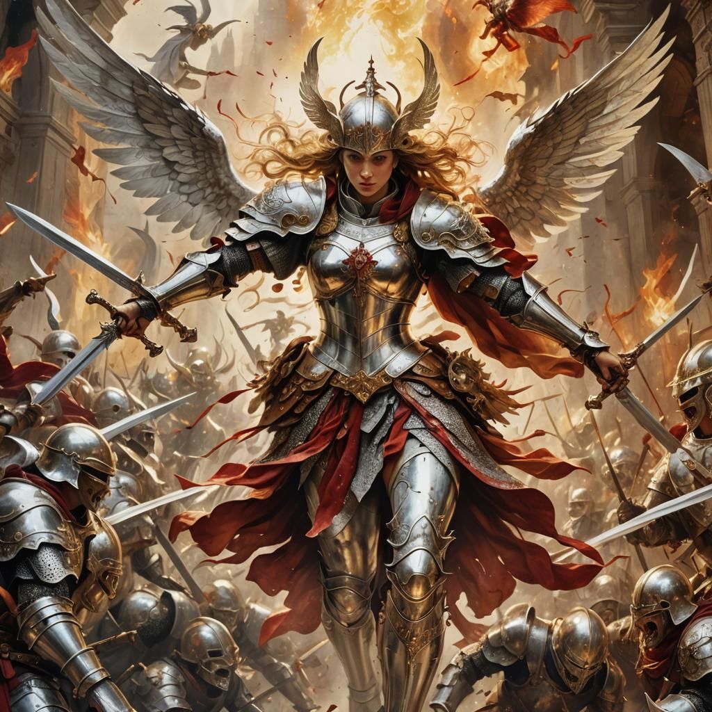 Angelic Warrior Descends into Hell as Watercolor Painting