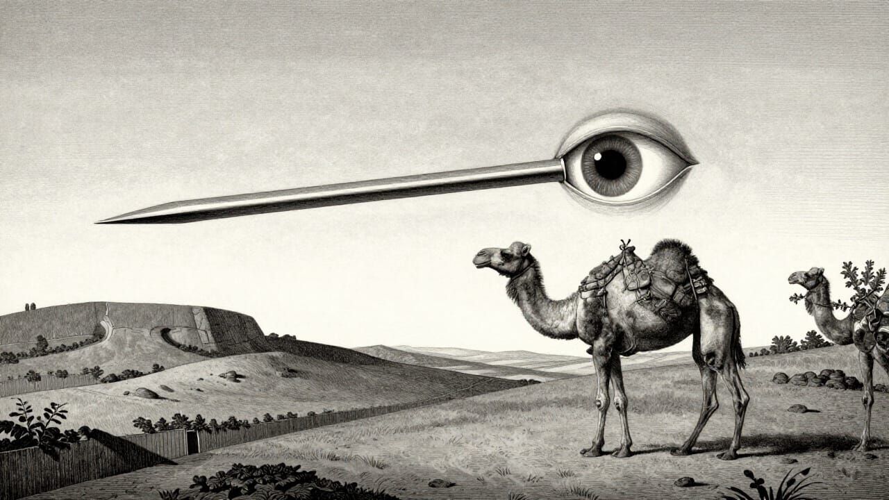 Camel Through Needle Eye in Surreal Belgian Landscape