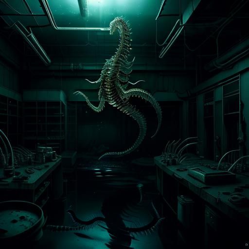 Hyperrealistic Sea Monster Emerges from Ruined Lab