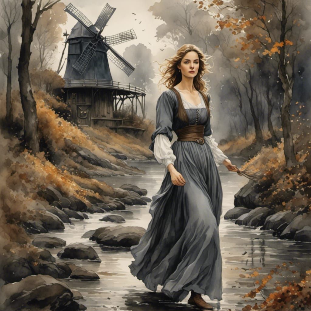 Maiden Walks from Woods with Windmill