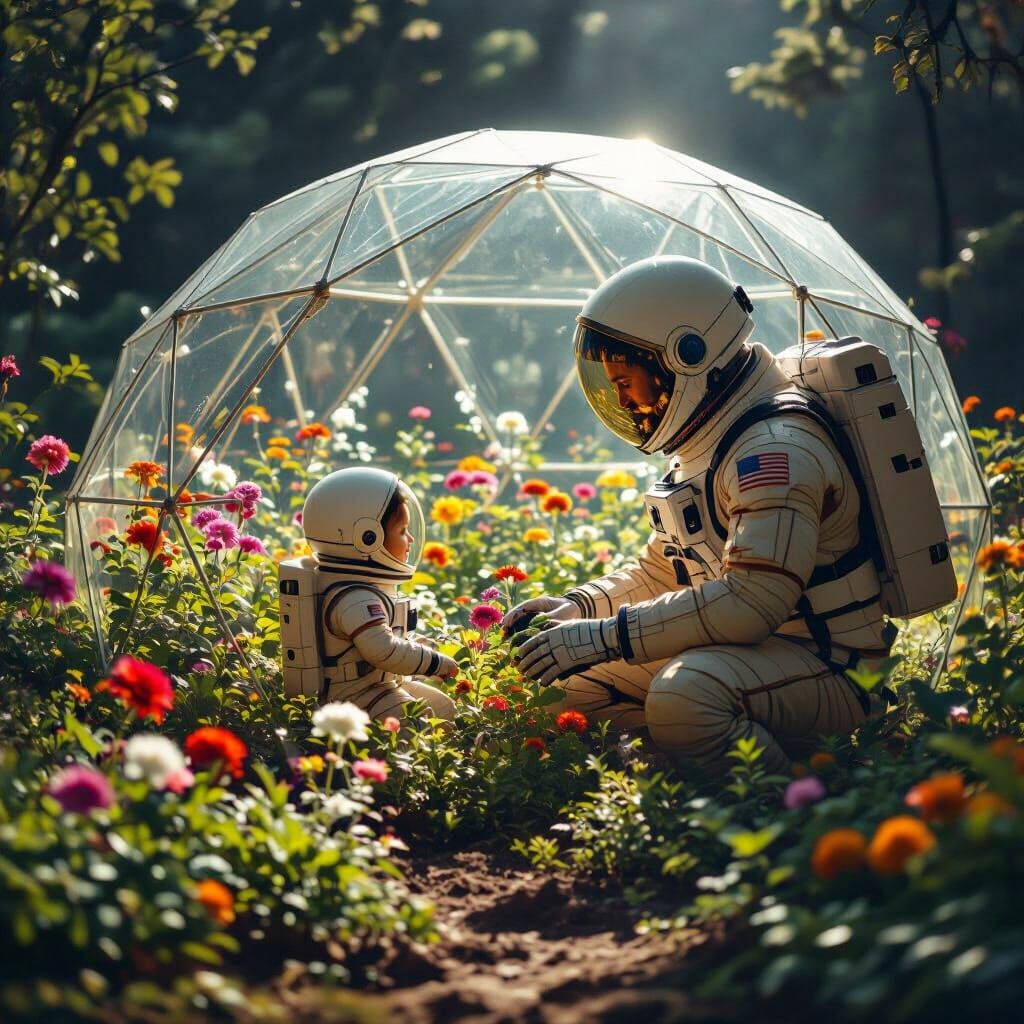 Lunar Gardener in Geodesic Dome, Atmospheric Sci-Fi