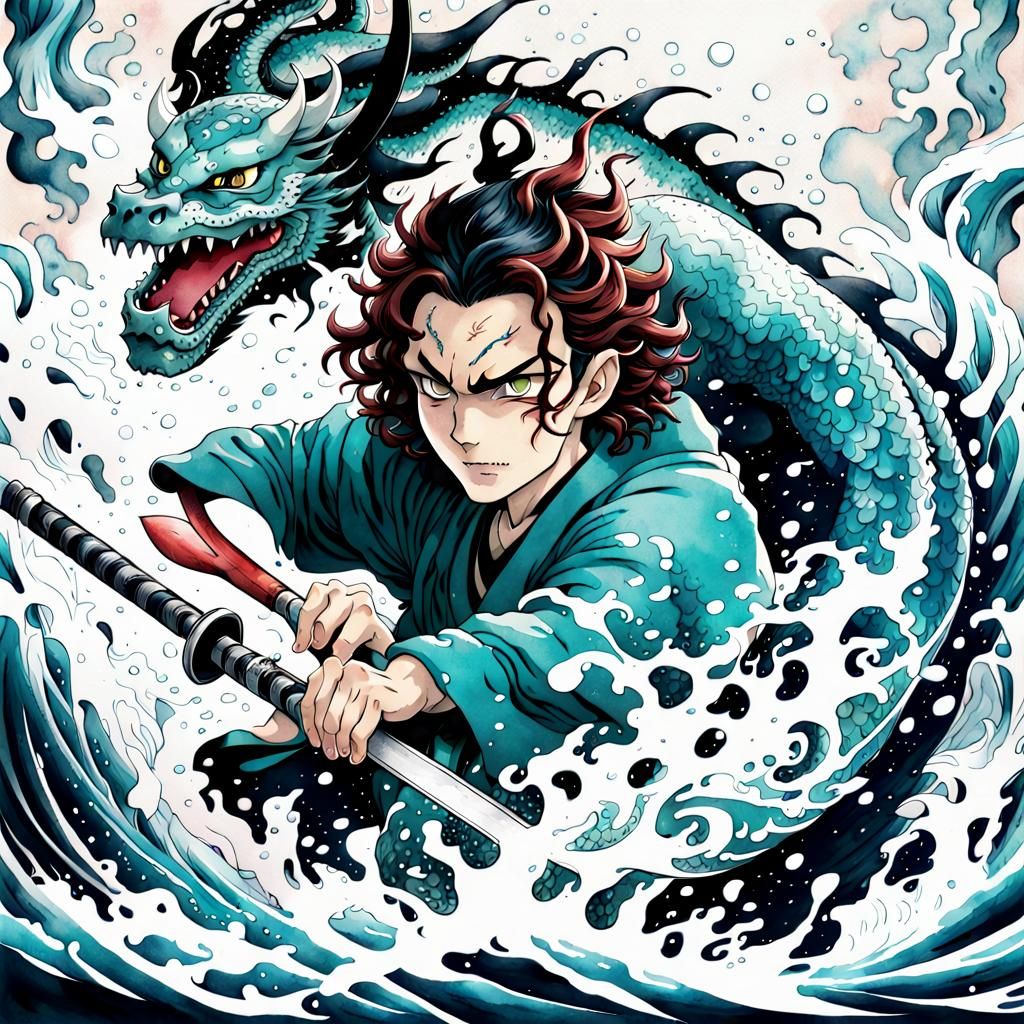 Tanjiro Wields Sword Amidst Water Dragon in Feudal Japan