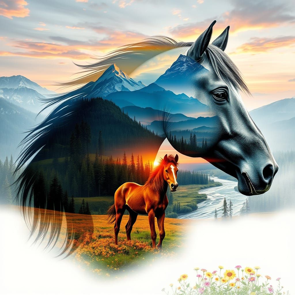 Majestic Horse Double Exposure with Forest and Foal