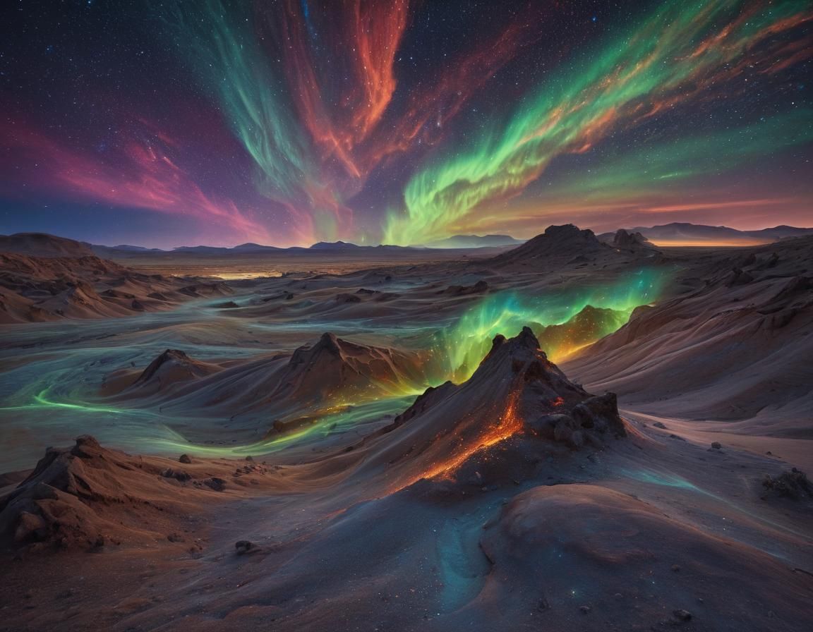 Chromatic Desertscape with Auroral Luminescence