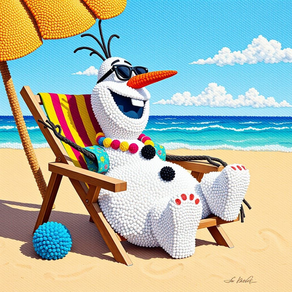Olaf on the Beach: A Whimsical Pom-Pom Sculpture