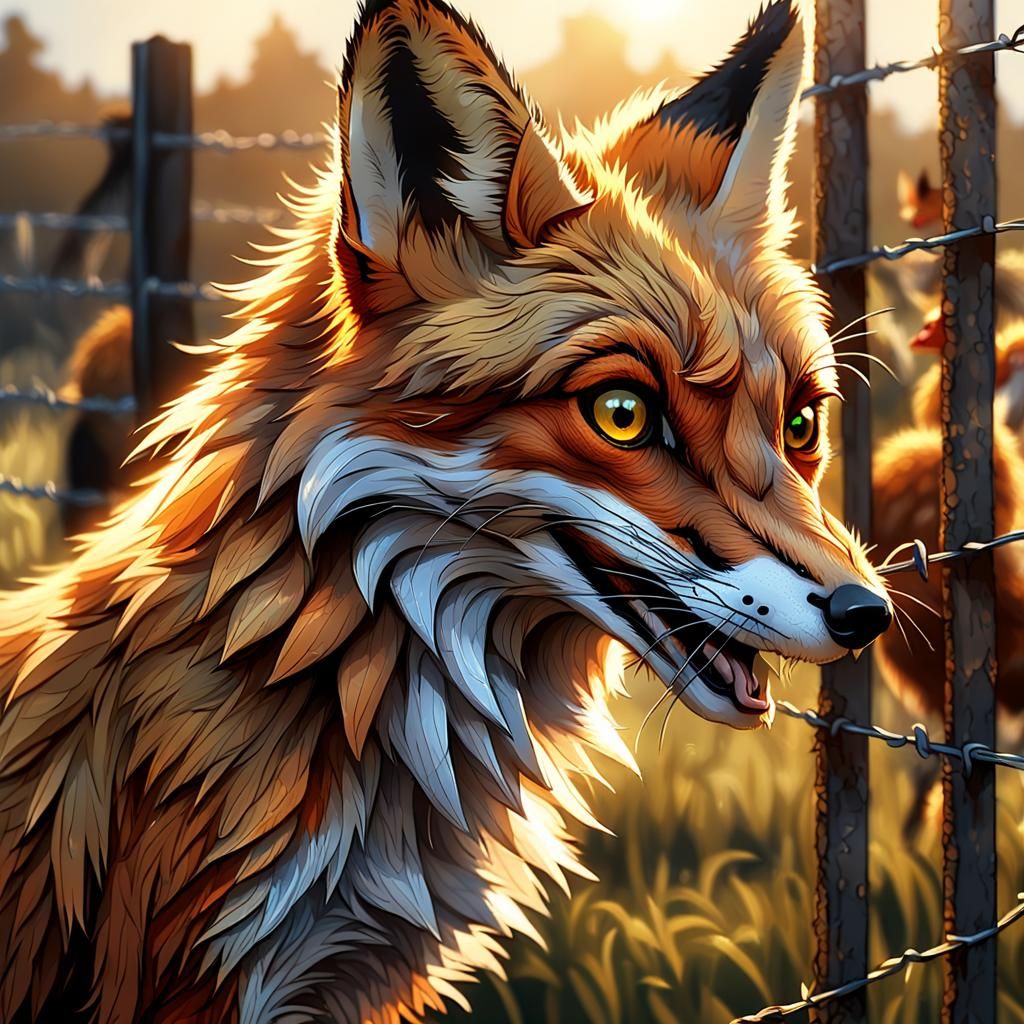 Fox Cuts Chicken Wire in Detailed Digital Art
