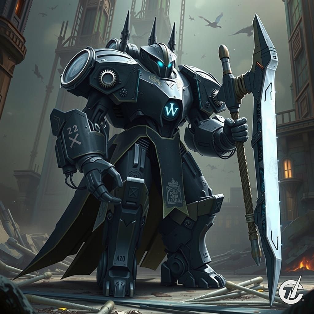 Cyberpunk Mech Knight Illuminated by Blue Energy