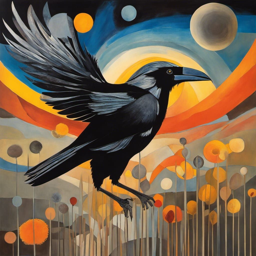 Native American Crow   in  flight, in a Million Dandelion dr...