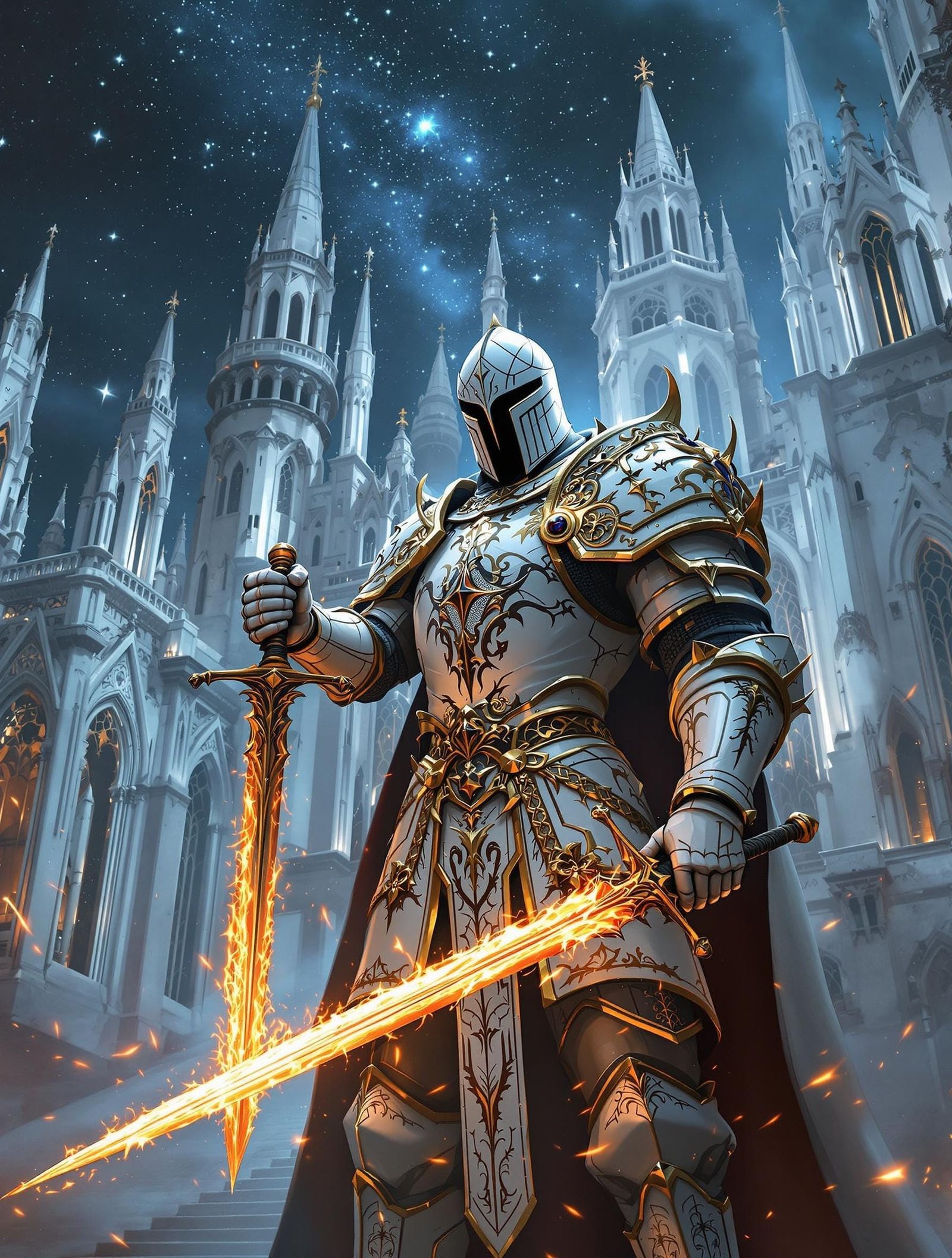 16th Century Gothic Knight in White Armor Stands Before Maje...
