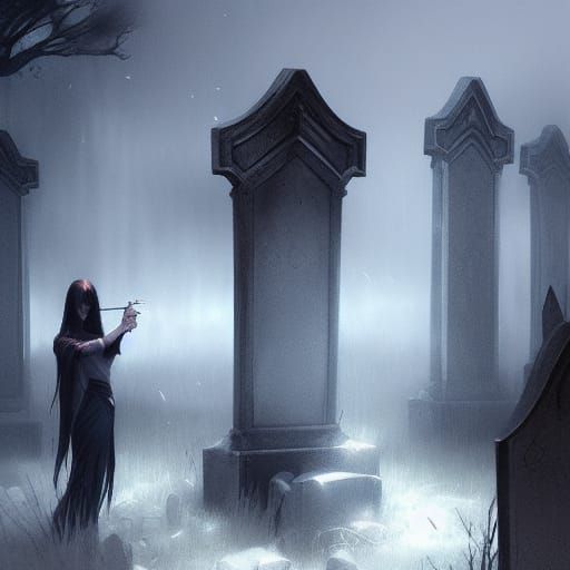 Sinister Ghost Haunts Graveyard, Dark Fantasy Art