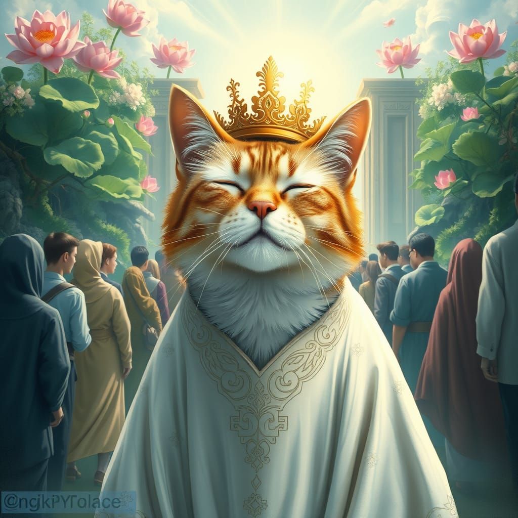 Majestic Cat Leads Diverse Crowd to Enchanted Gateway