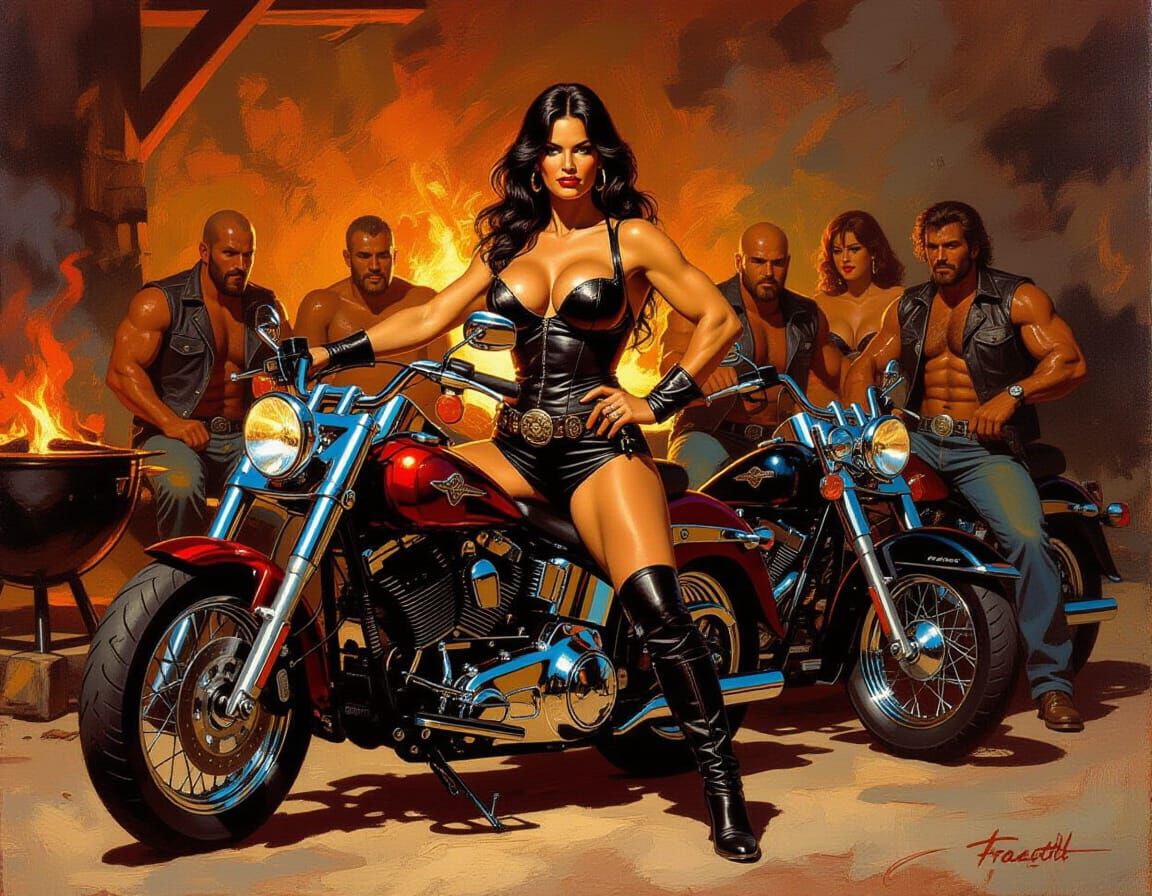 Rubens Meets Frazetta: Biker Club Barbeque Oil Painting