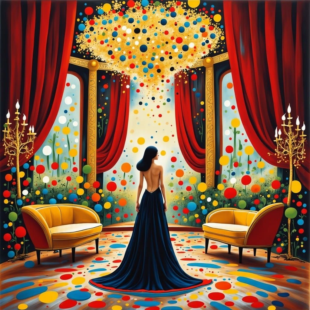 Woman in Opulent Ballroom with Chandeliers and Florals