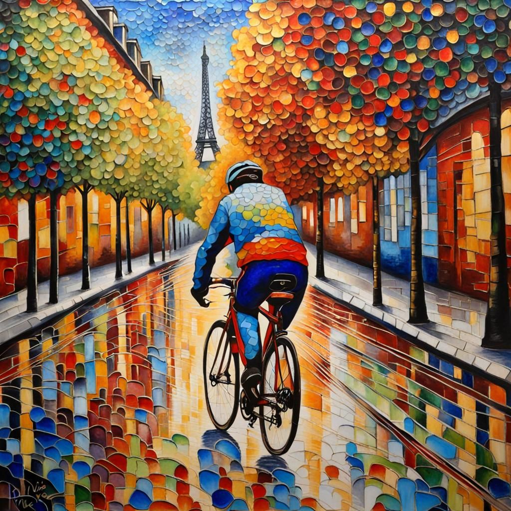 Cycling at Paris Olympics in Cloisonné Style