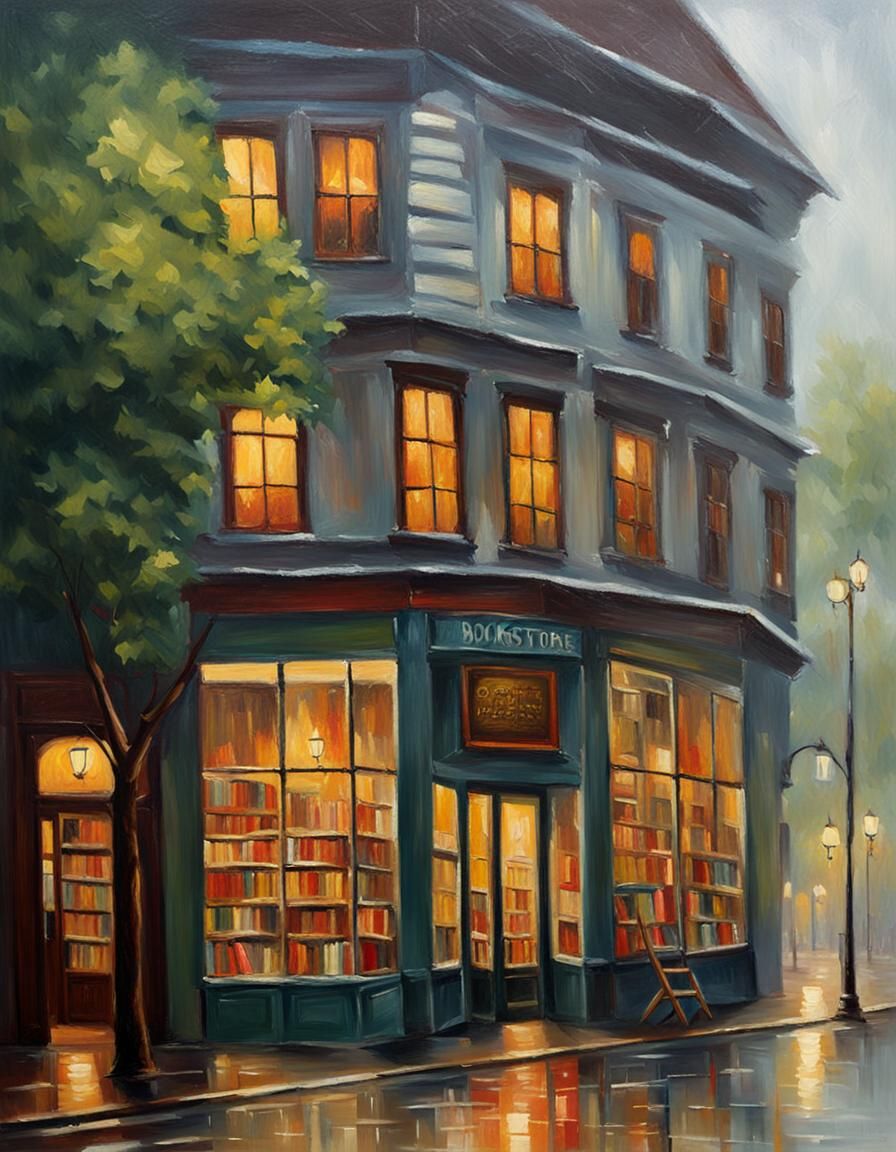 Rainy Day Bookstore: Cozy Oil Painting