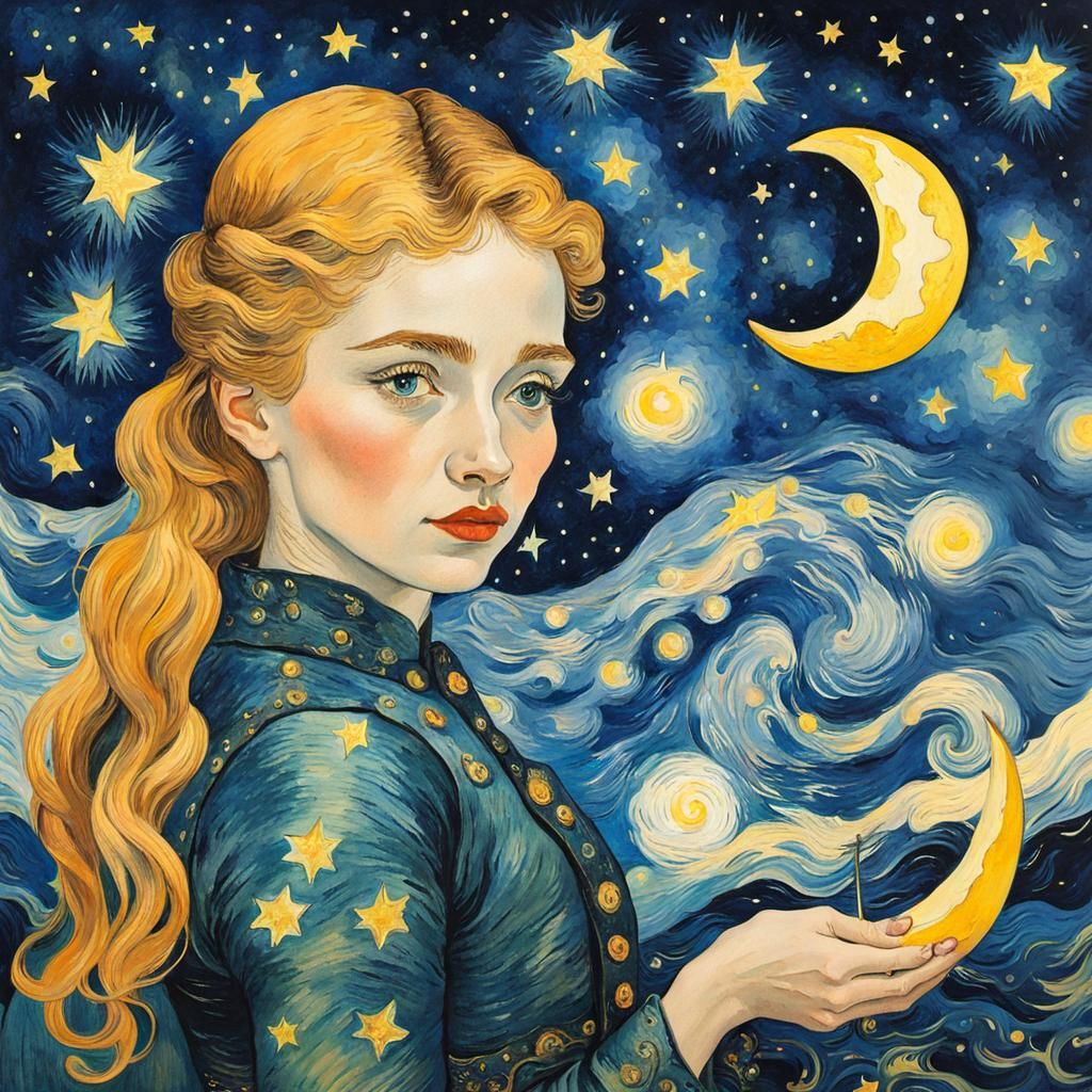 Girl Holds Moon in Van Gogh Starry Night Sky