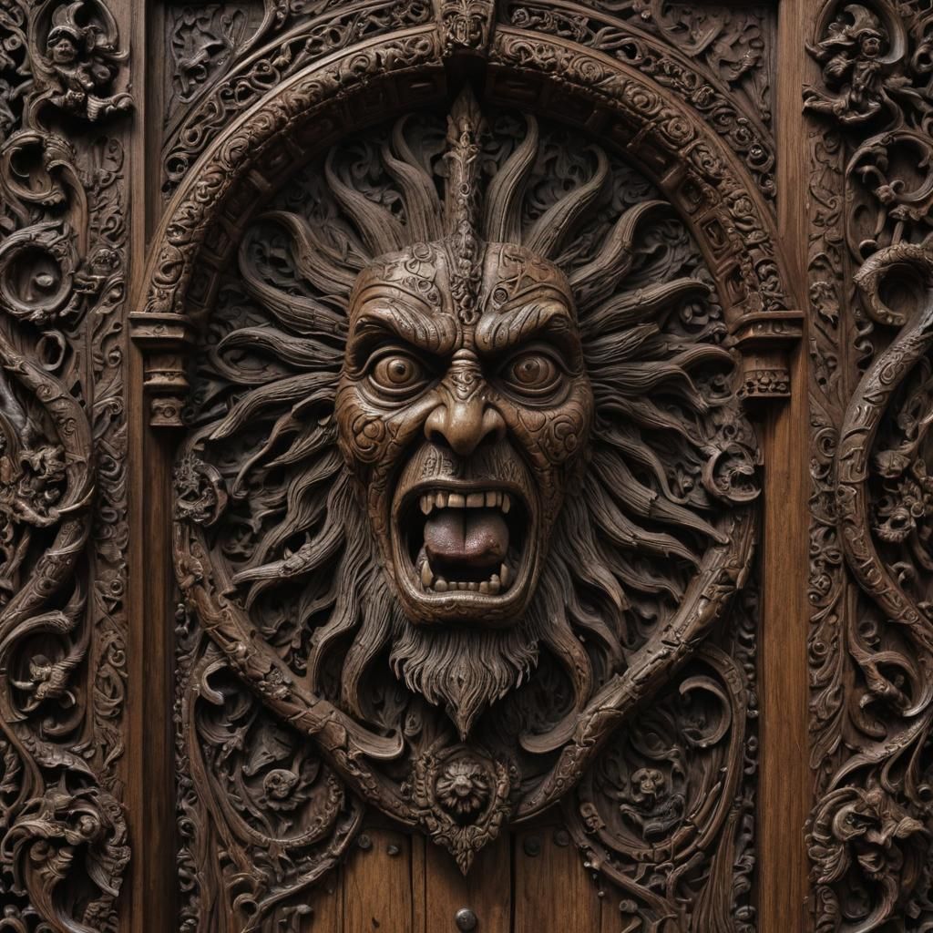 A hauntingly intricate castle door with sinister human face.
