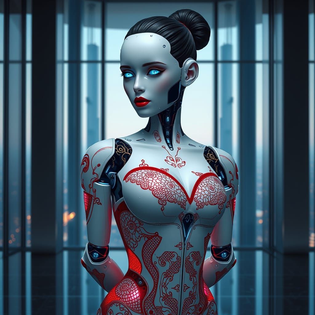 Cyberpunk Robot Woman in Sleek CEO Office