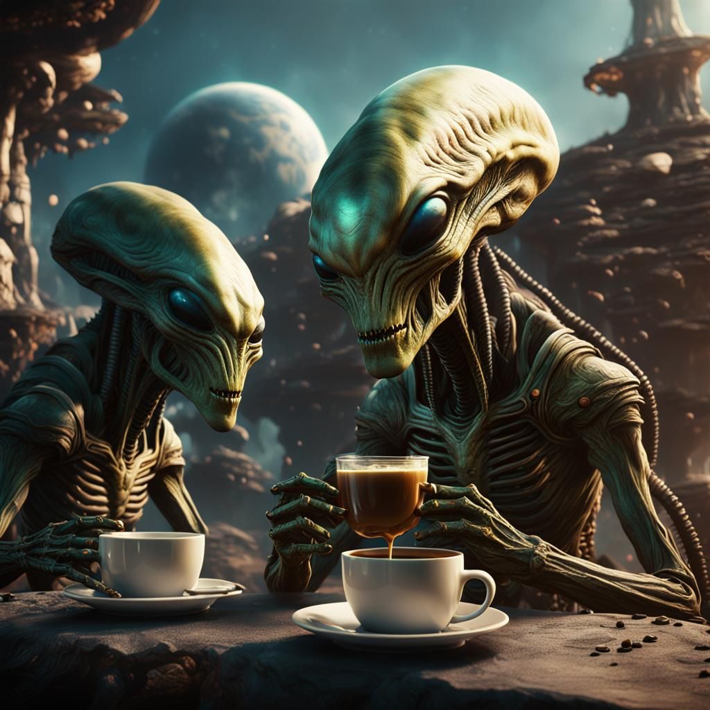 Aliens Enjoying Coffee: Detailed Matte Painting