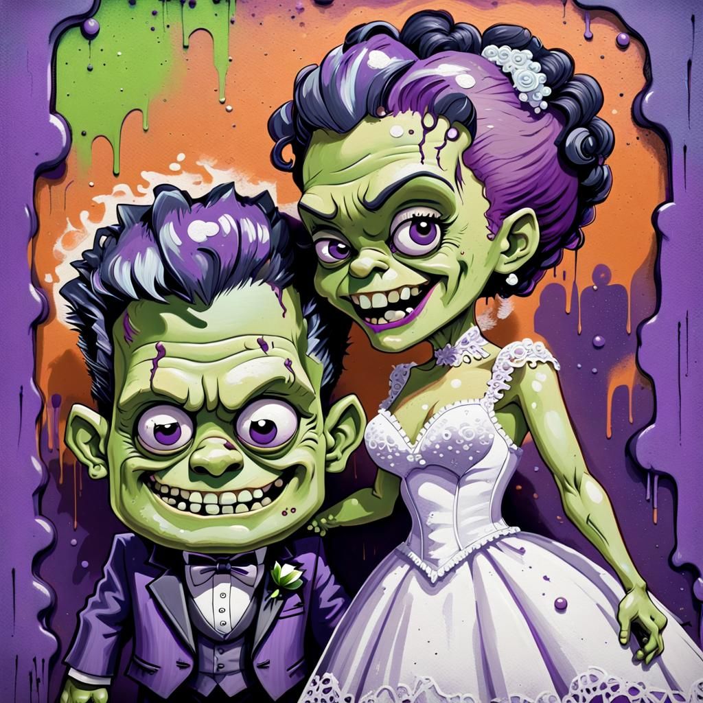 Chibi Frankenstein and Bride: Graffiti Street Art