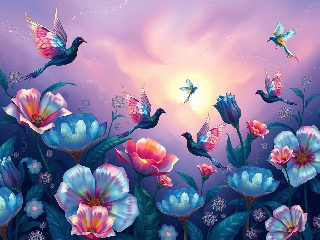 Enchanted Twilight Garden in Cosmic Surrealism Style