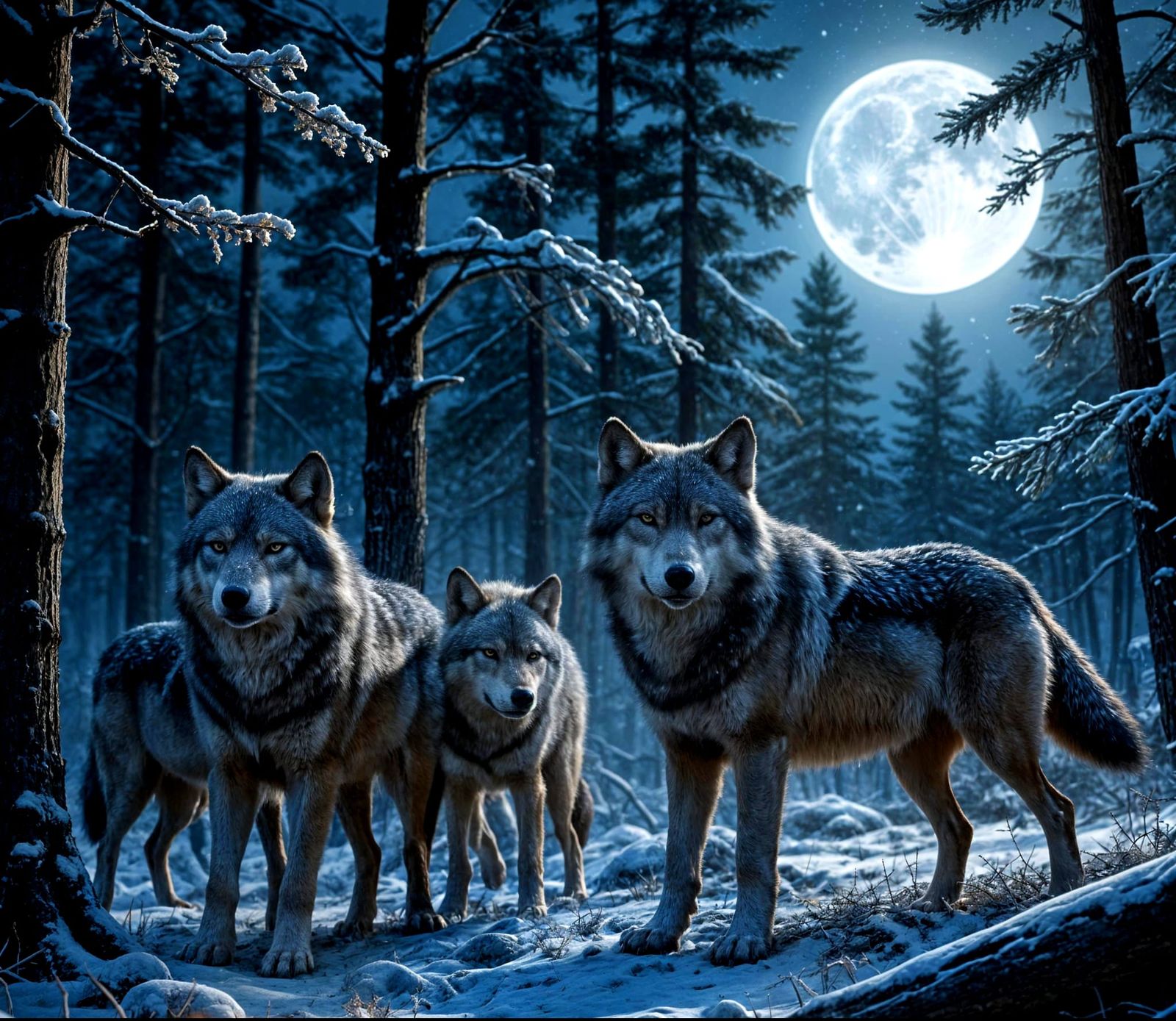 Hyperreal Wolf Pack Under Full Moon in Snowy Forest