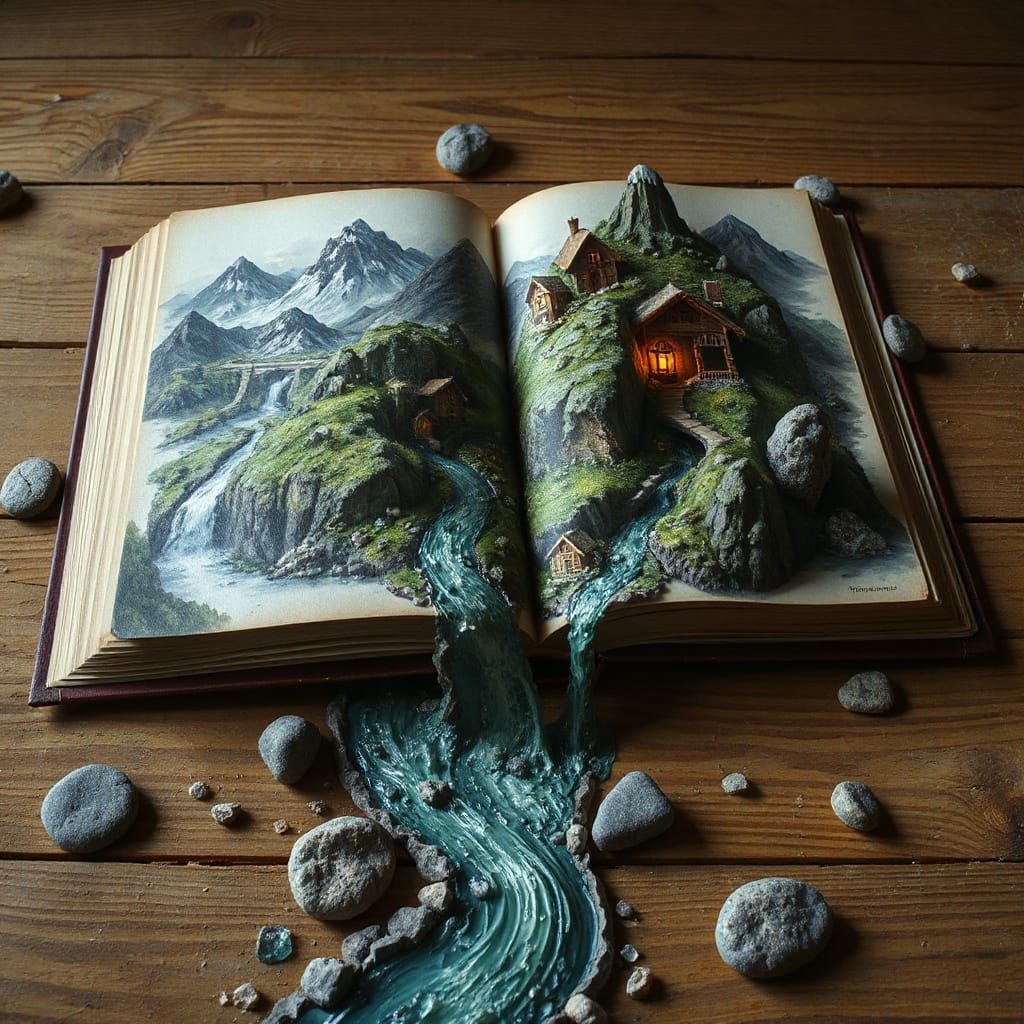Surreal Open Book with Rivers and Mountains Flowing Out