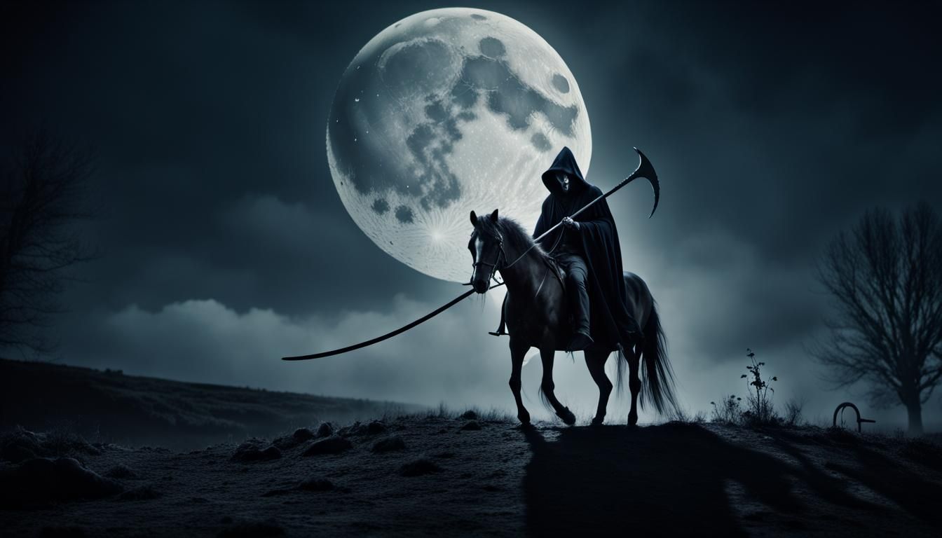 Grim Reaper on Black Horse Under Moon