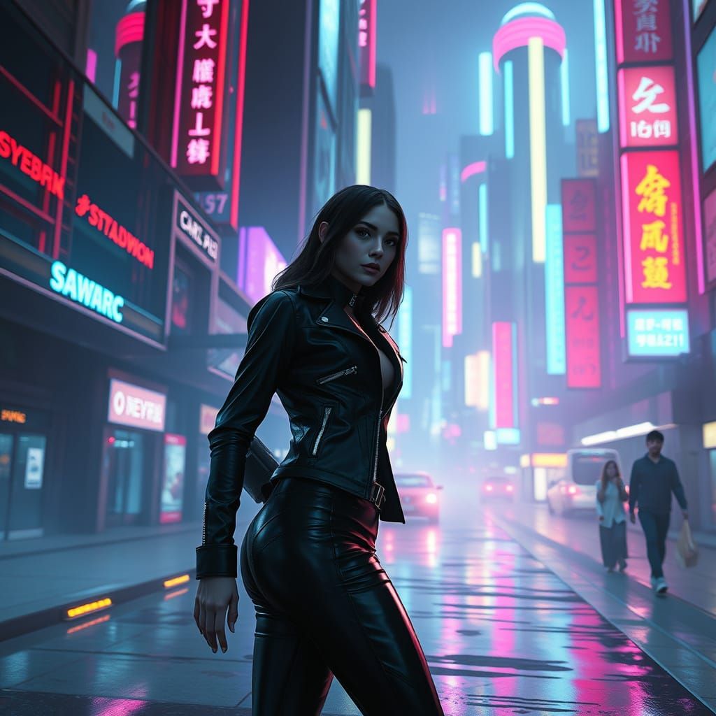 Futuristic Woman in Neon Cityscape