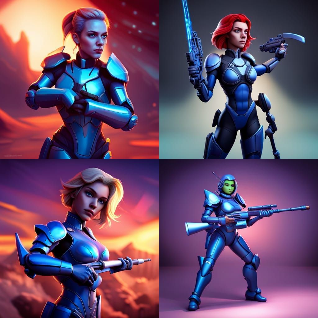 Android Warrior Woman with Blaster Rifle in 3D