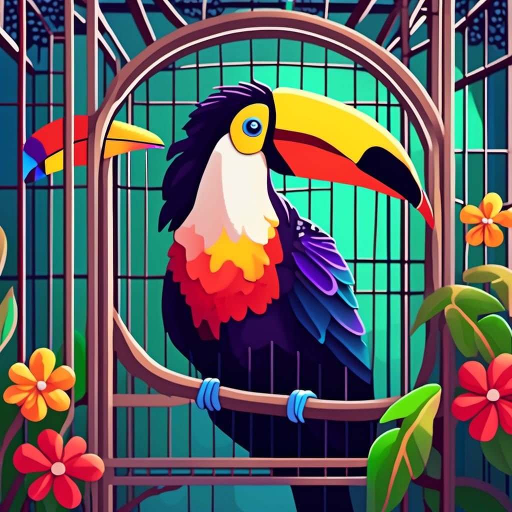Colorful Toucan in Wrought Iron Cage: Retro Style