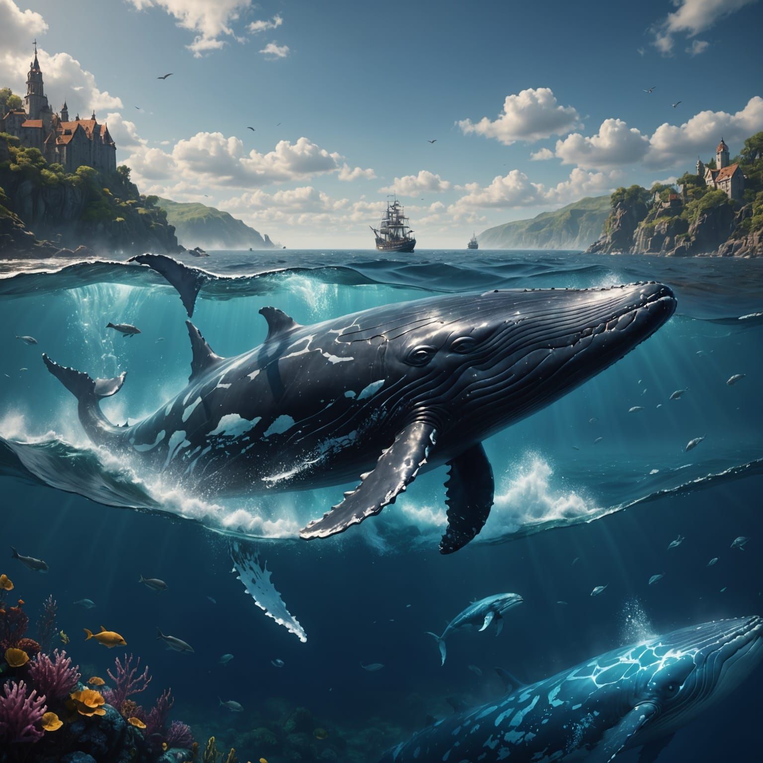 Surreal Underwater Odyssey with Whales in Deep Ocean