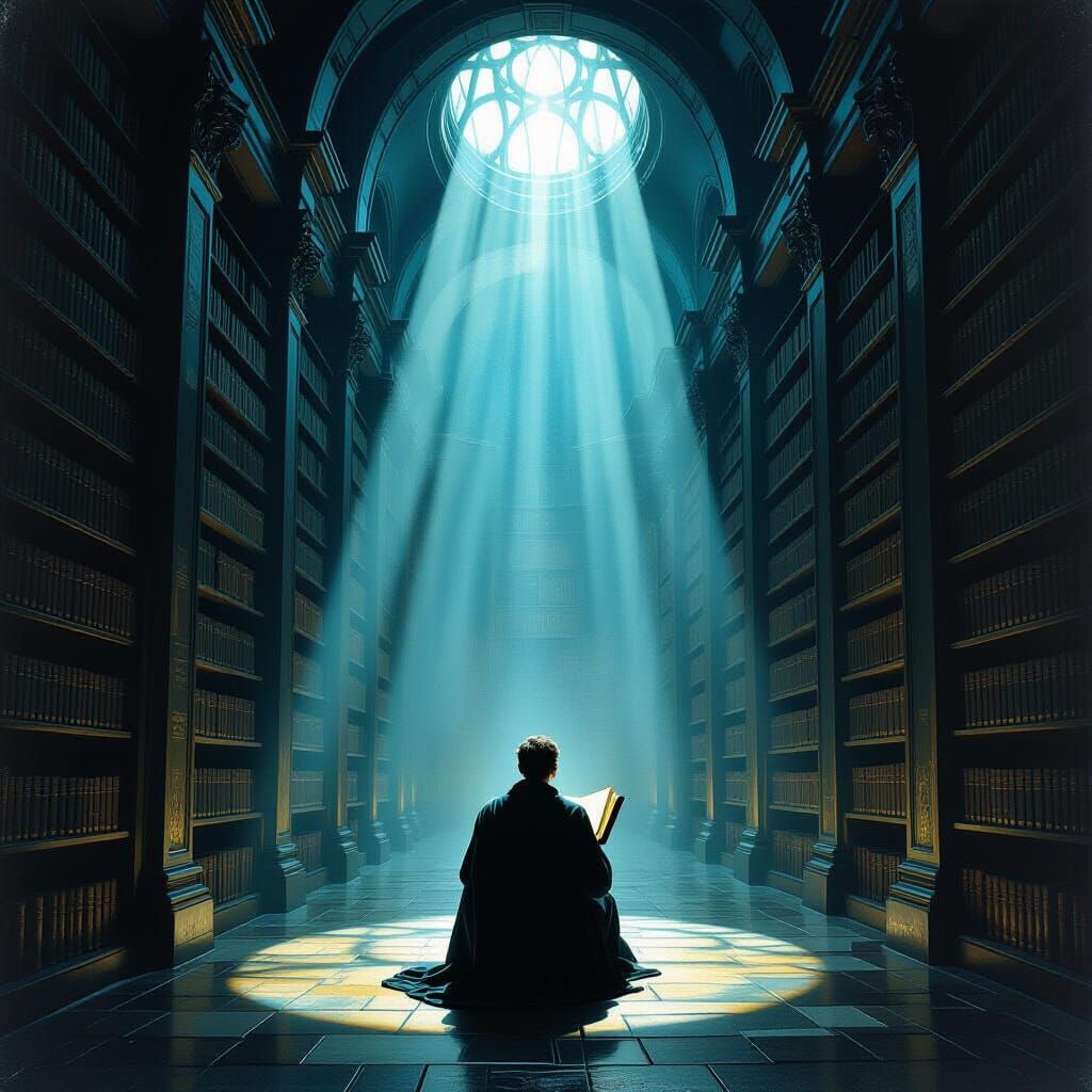 Scholar in Infinite Library with Ethereal Manuscript