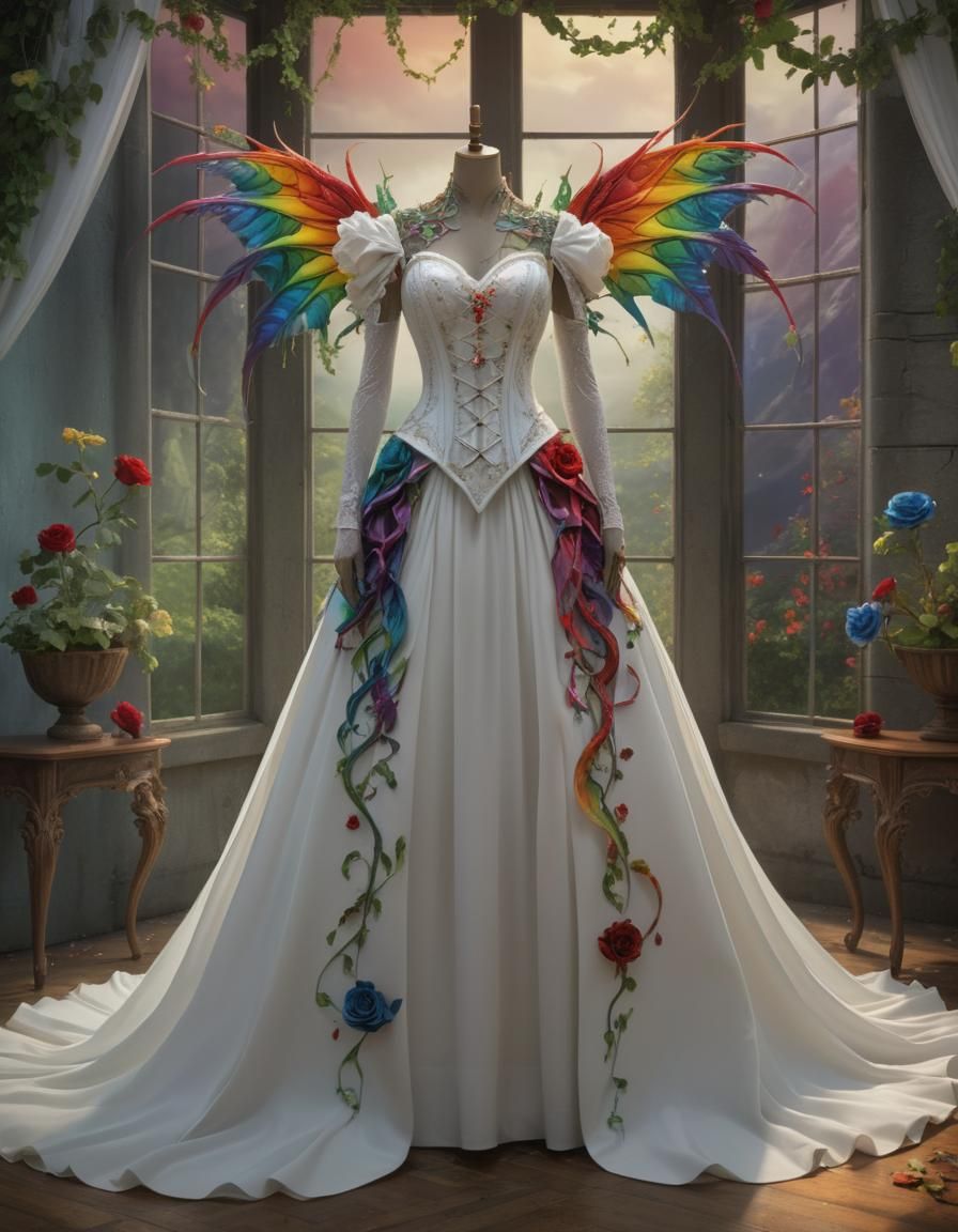 Rainbow Fantasy Ballgown with Dragon Wing Details