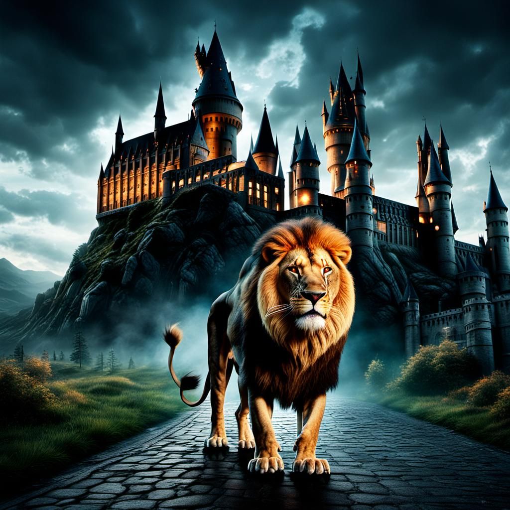 Lion Roaring at Hogwarts: Epic Digital Painting