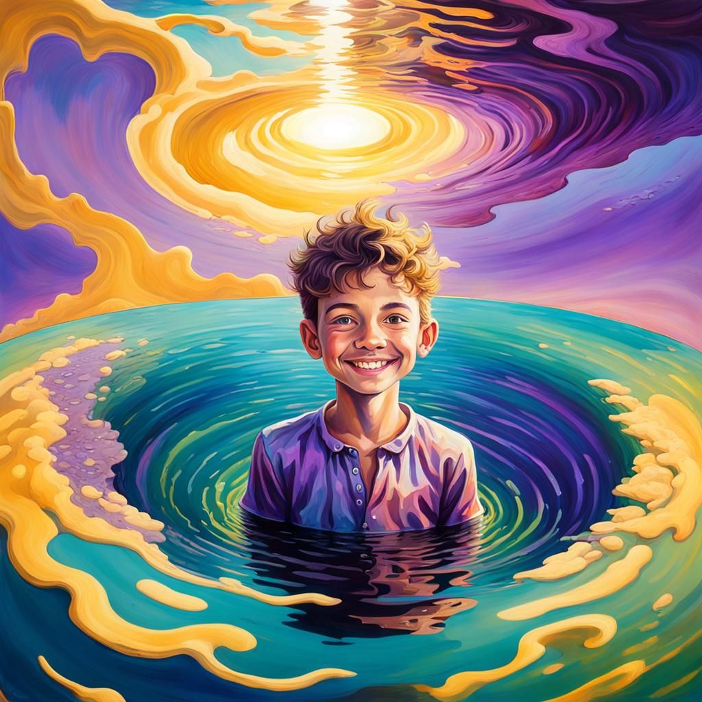Surreal Boy Swims in Well, Oil Painting