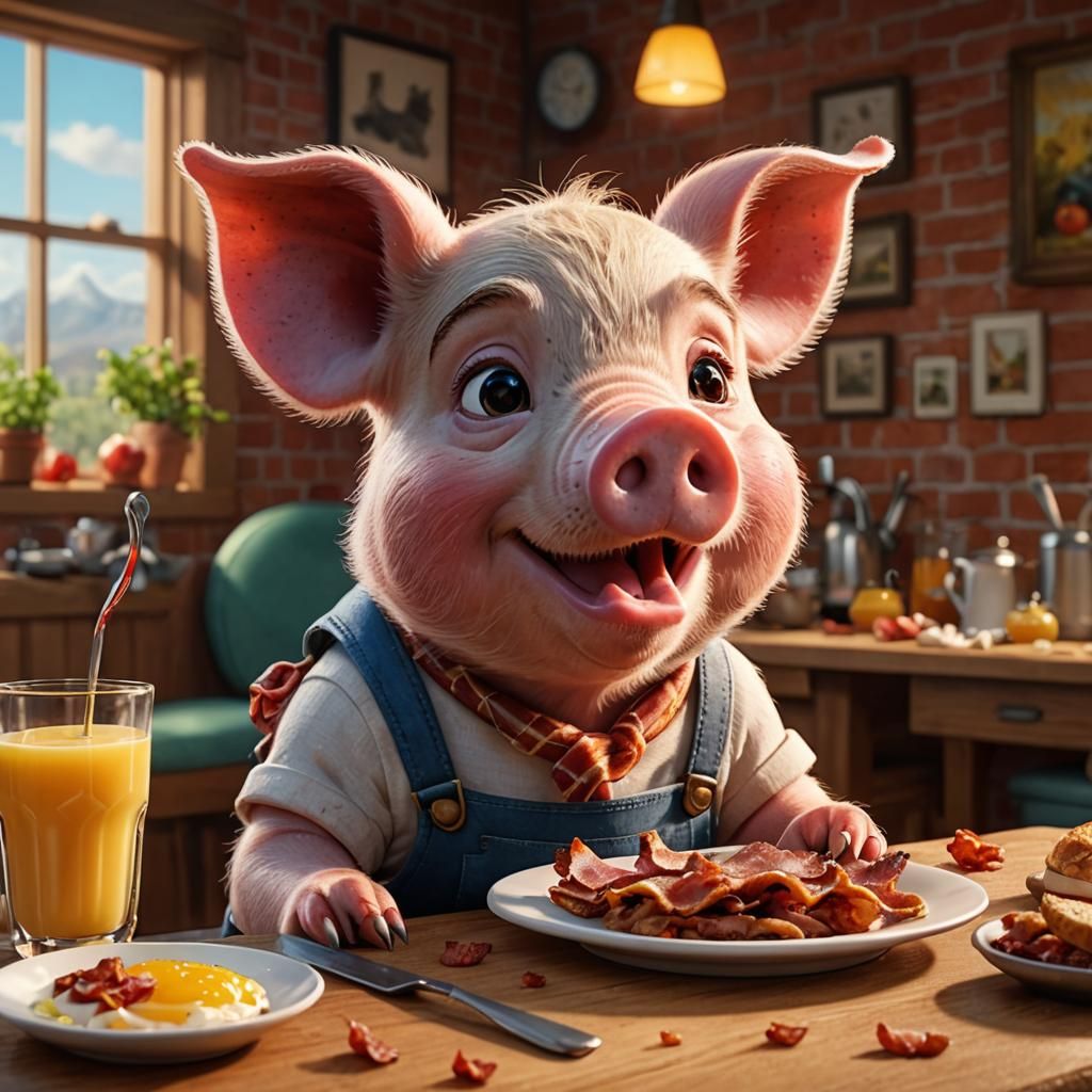 A pig eating bacon for breakfast