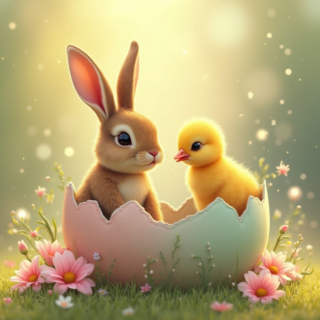 Spring Bunny and Chick in a Colorful Easter Egg