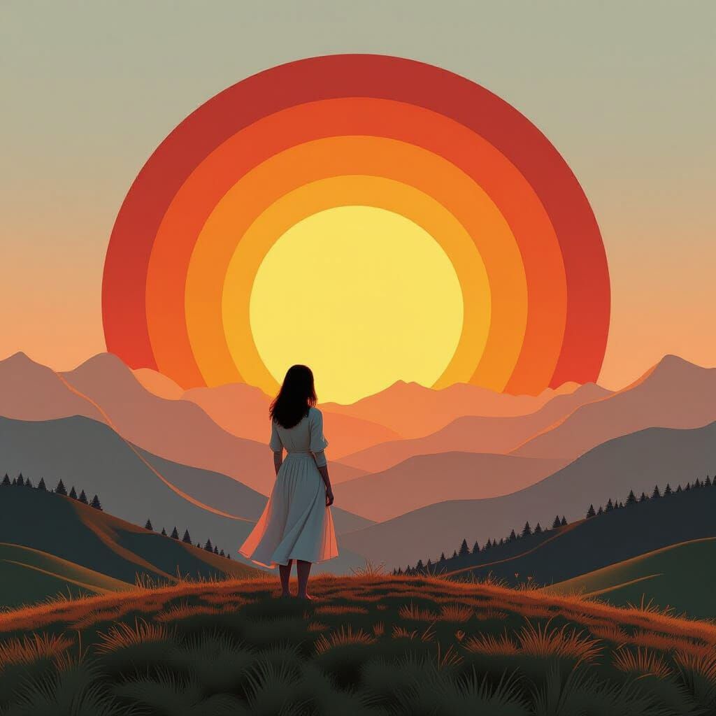 Woman Gazing at 3D Sunset Paper Art