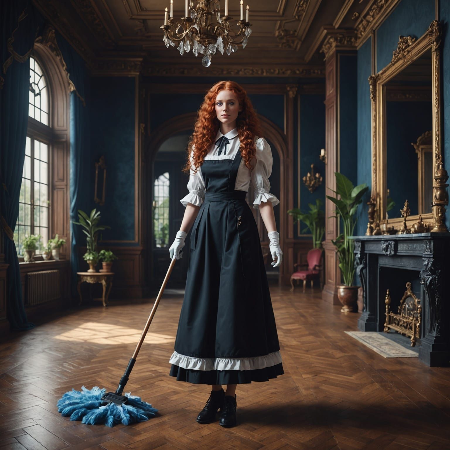 Maid Cleaning Mansion in Detailed Digital Painting