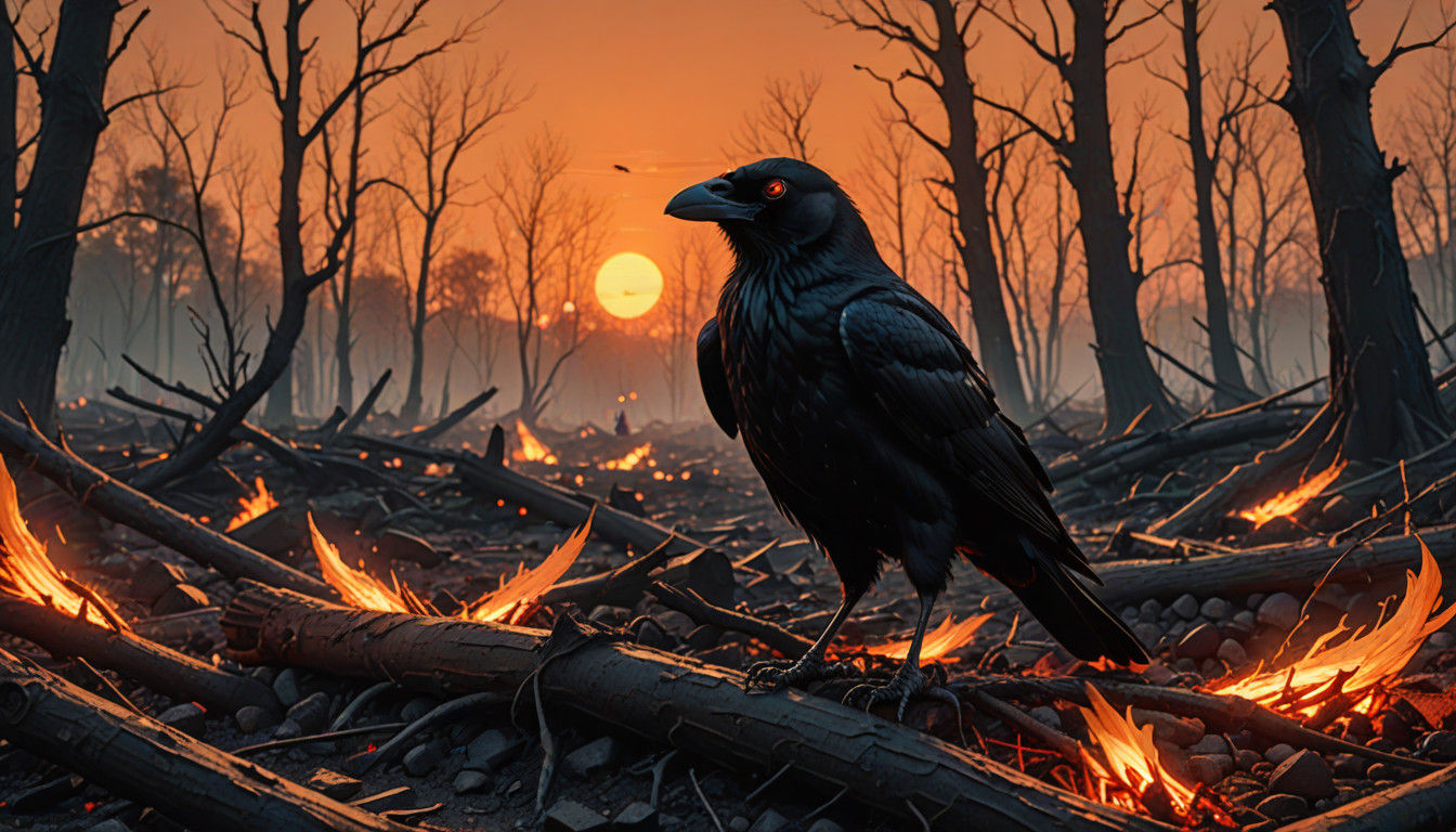 Majestic Dark Crow in Fiery Feathers Soars Through Wasteland