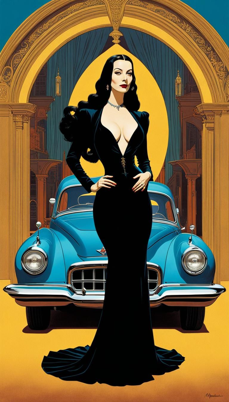 Morticia Addams illustrated by Norman Rockwell for an old-timey expensive car advertisement.