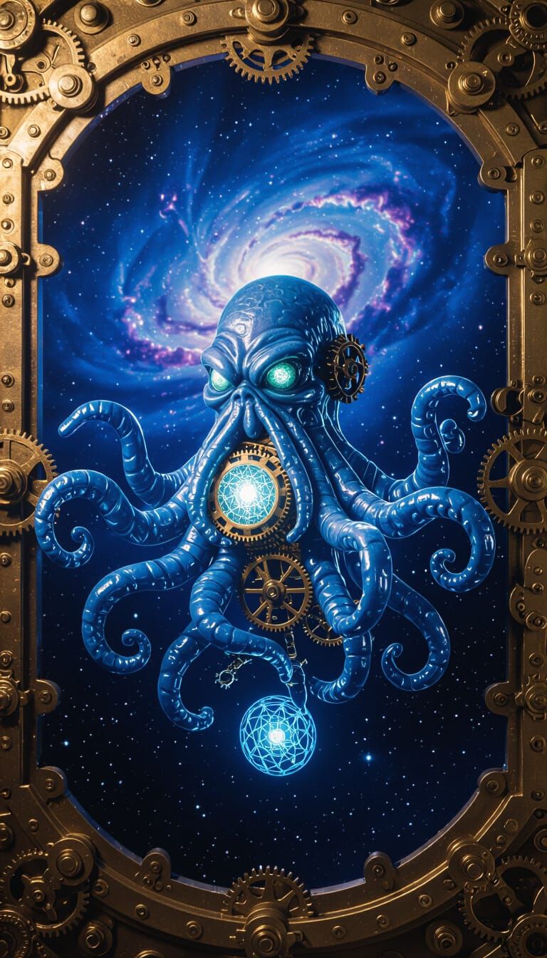 Ethereal Steampunk Flying Spaghetti Monster in Cosmic Nebula