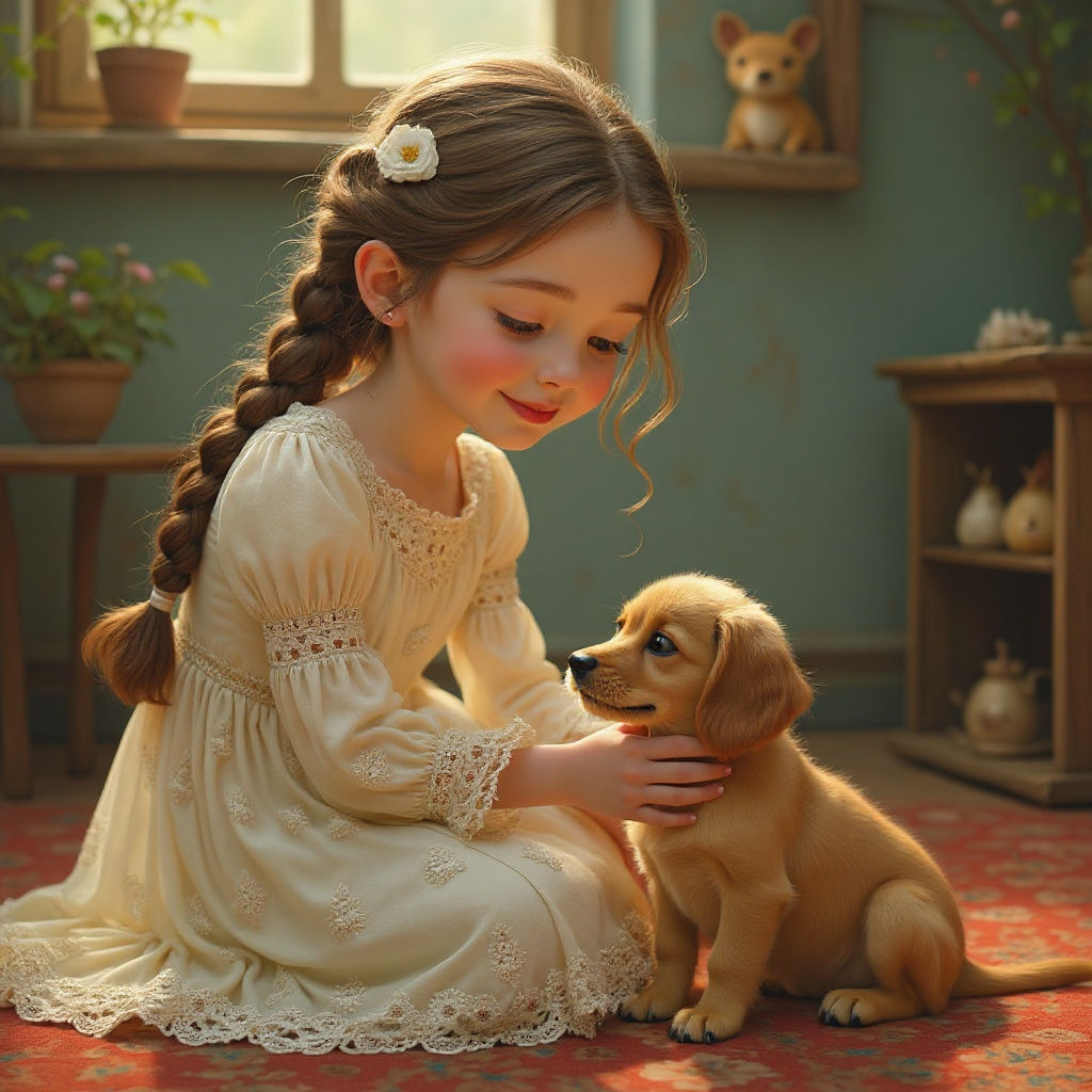 Girl with Blue Eyes Petting Dog