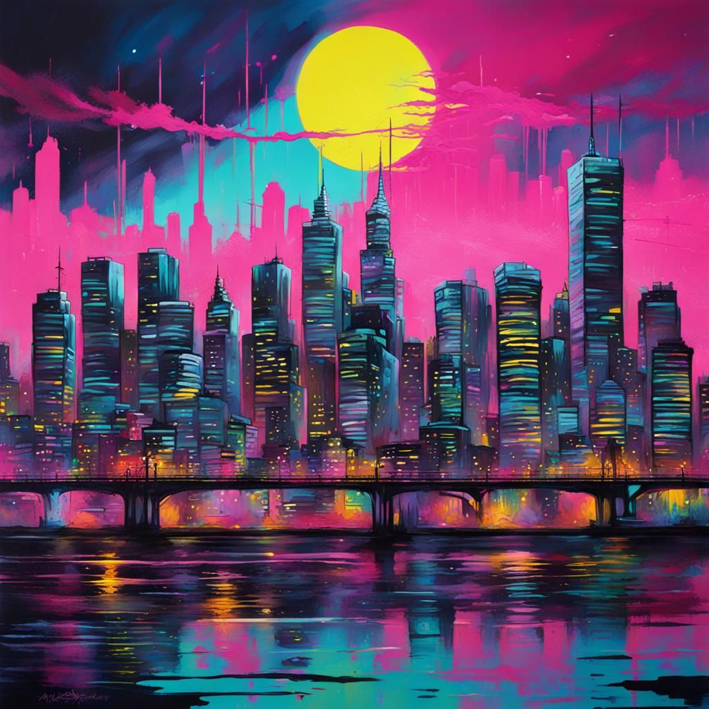 Vaporwave City Skyline Graffiti Art at Night