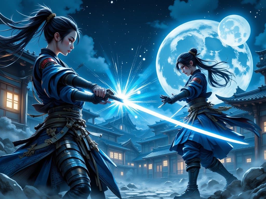 Samurai Women Duel Under Full Moon in Ukiyo-e Style