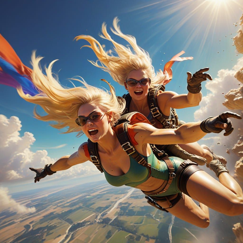 Dynamic Skydiving Blondes in Action Painting Style