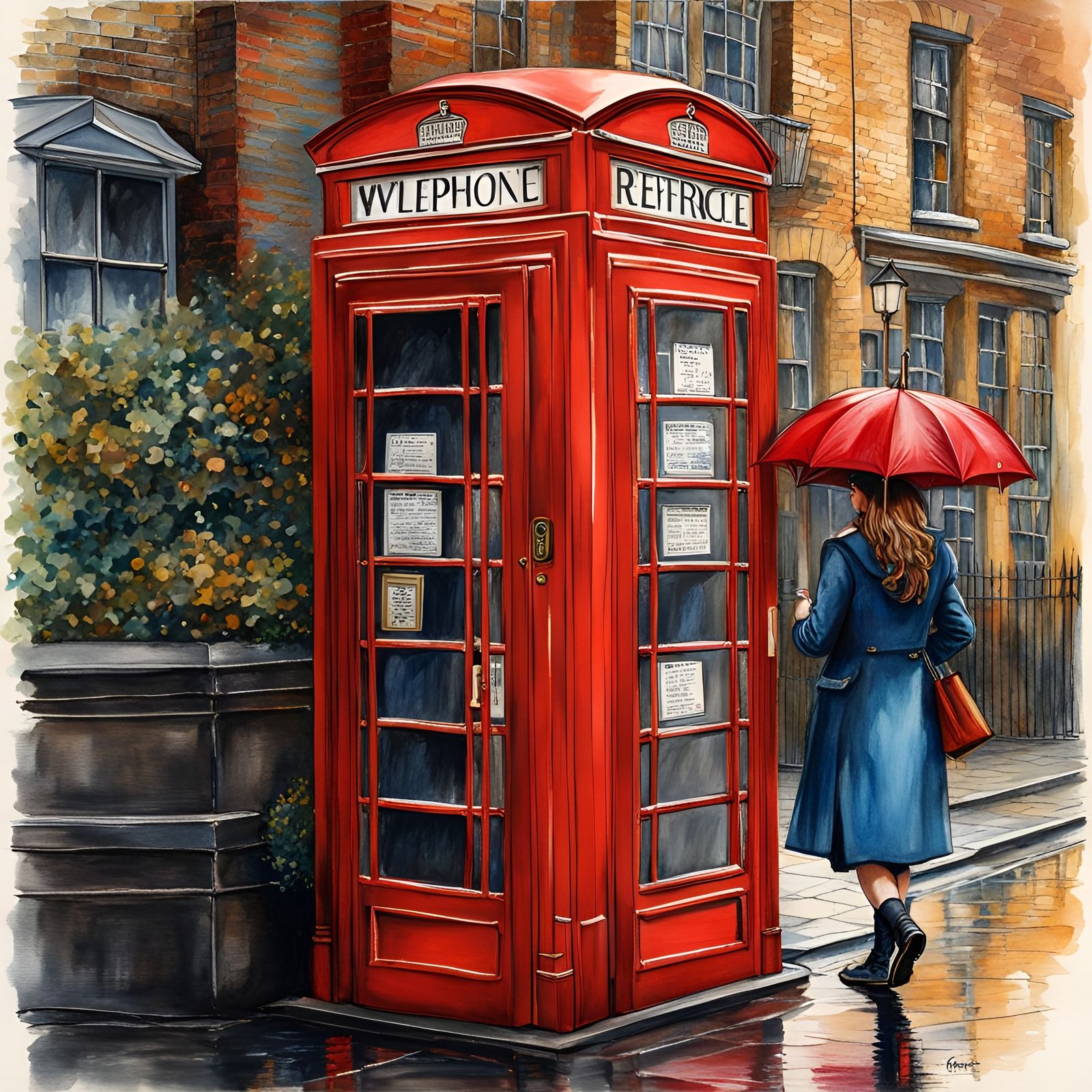 Vintage Phone Box with Girl in Watercolor