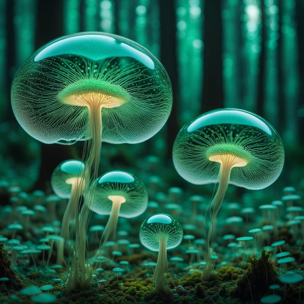 Ethereal Bubble Spores in Emerald Mushroom Forest